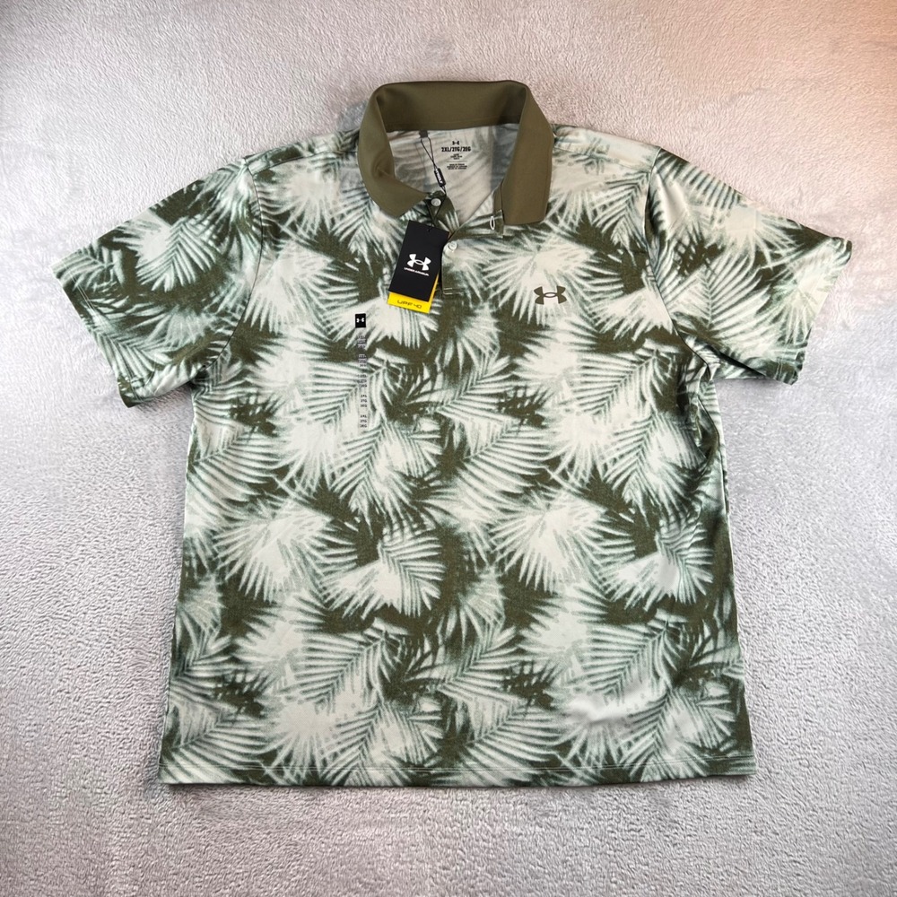 Under Armour Matchplay Printed Polo Shirt Mens 2XLGreen Palm Leaf Golf 1377377